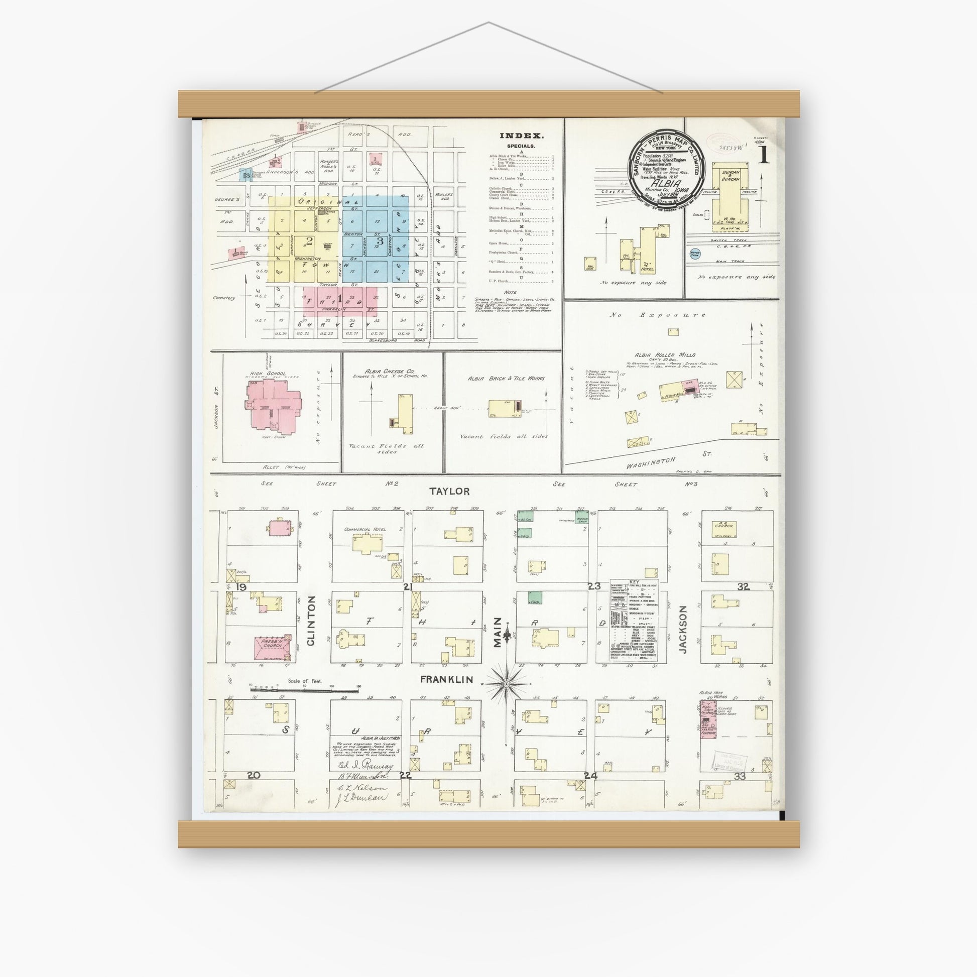 Old map wall art mockup — magnetic wood frame on white wall — Sanborn Fire Insurance Map from Albia, Monroe County, Iowa (1891) â€” Complete Set