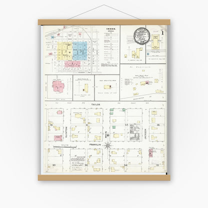 Old map wall art mockup — magnetic wood frame on white wall — Sanborn Fire Insurance Map from Albia, Monroe County, Iowa (1891) â€” Complete Set