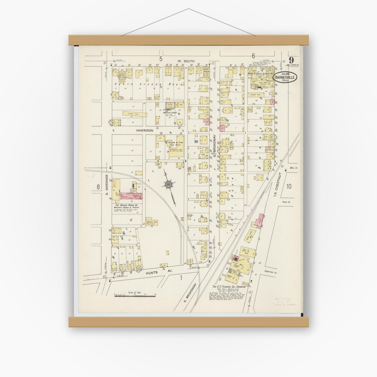 Old map wall art mockup — magnetic wood frame on white wall — Sanborn Fire Insurance Map from Barnesville, Belmont County, Ohio (1915), Sheet #0009