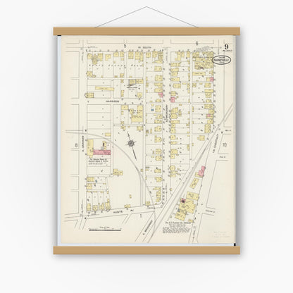 Old map wall art mockup — magnetic wood frame on white wall — Sanborn Fire Insurance Map from Barnesville, Belmont County, Ohio (1915), Sheet #0009