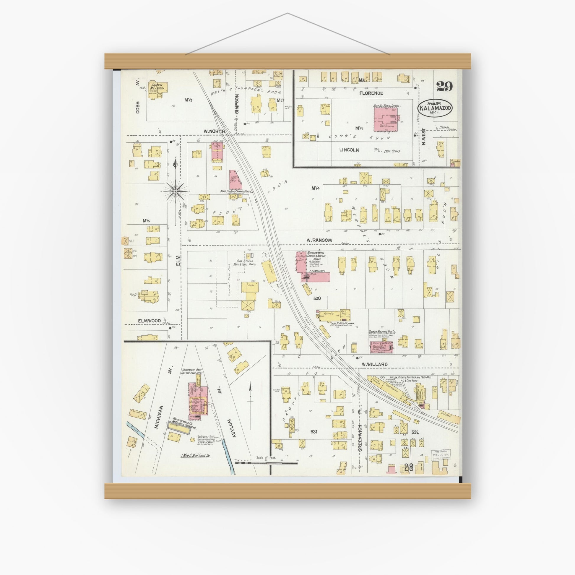 Old map wall art mockup — magnetic wood frame on white wall — Sanborn Fire Insurance Map from Kalamazoo, Kalamazoo County, Michigan (1902), Sheet #0029