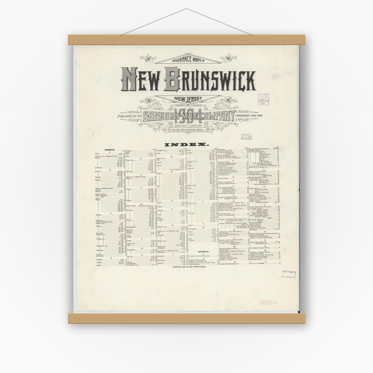 Old map wall art mockup — magnetic wood frame on white wall — Sanborn Fire Insurance Map from New Brunswick, Middlesex County, New Jersey (1904), Sheet #0001