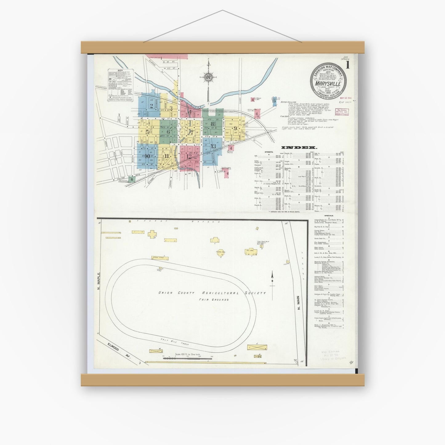 Old map wall art mockup — magnetic wood frame on white wall — Sanborn Fire Insurance Map from Marysville, Union County, Ohio (1910), Sheet #0001