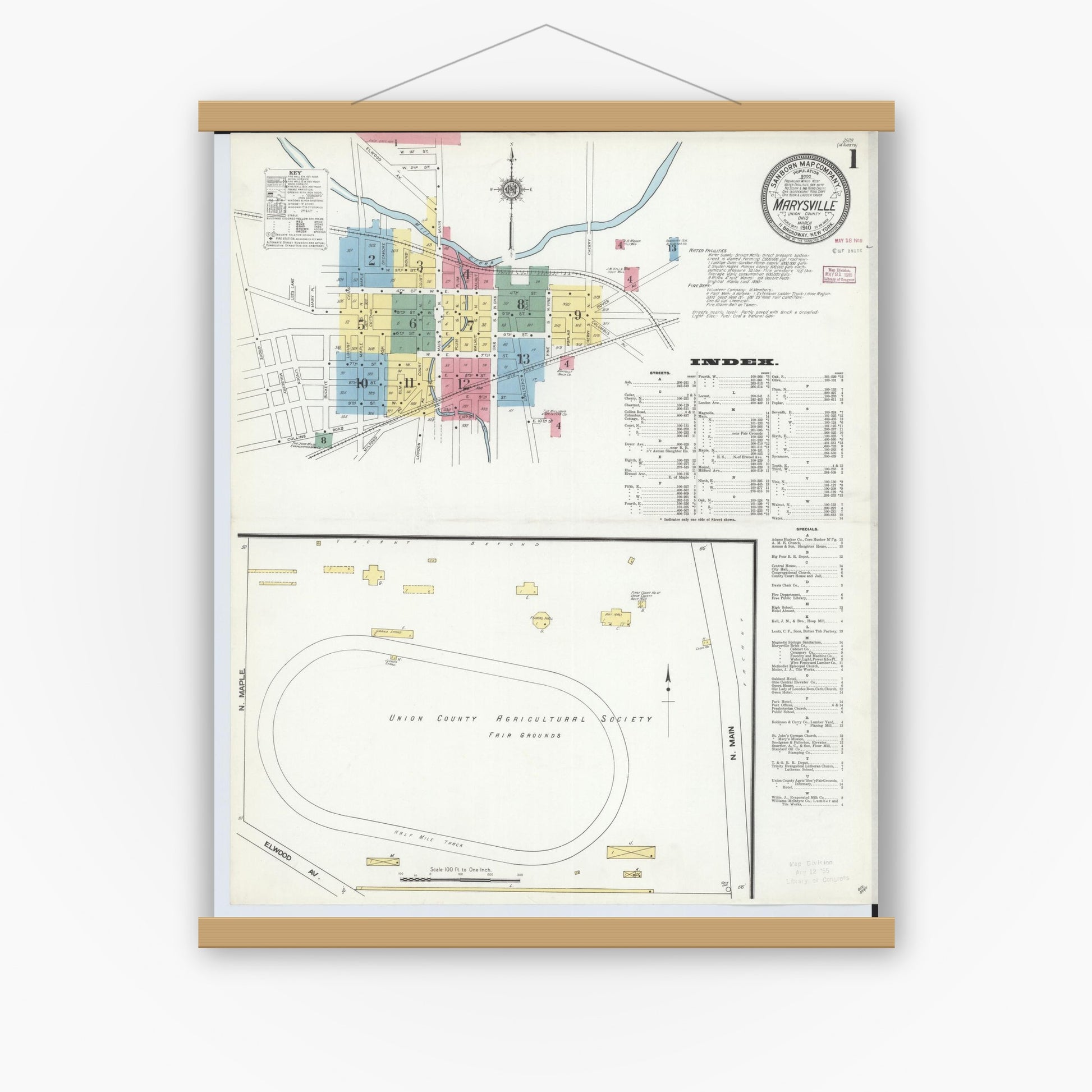 Old map wall art mockup — magnetic wood frame on white wall — Sanborn Fire Insurance Map from Marysville, Union County, Ohio (1910), Sheet #0001