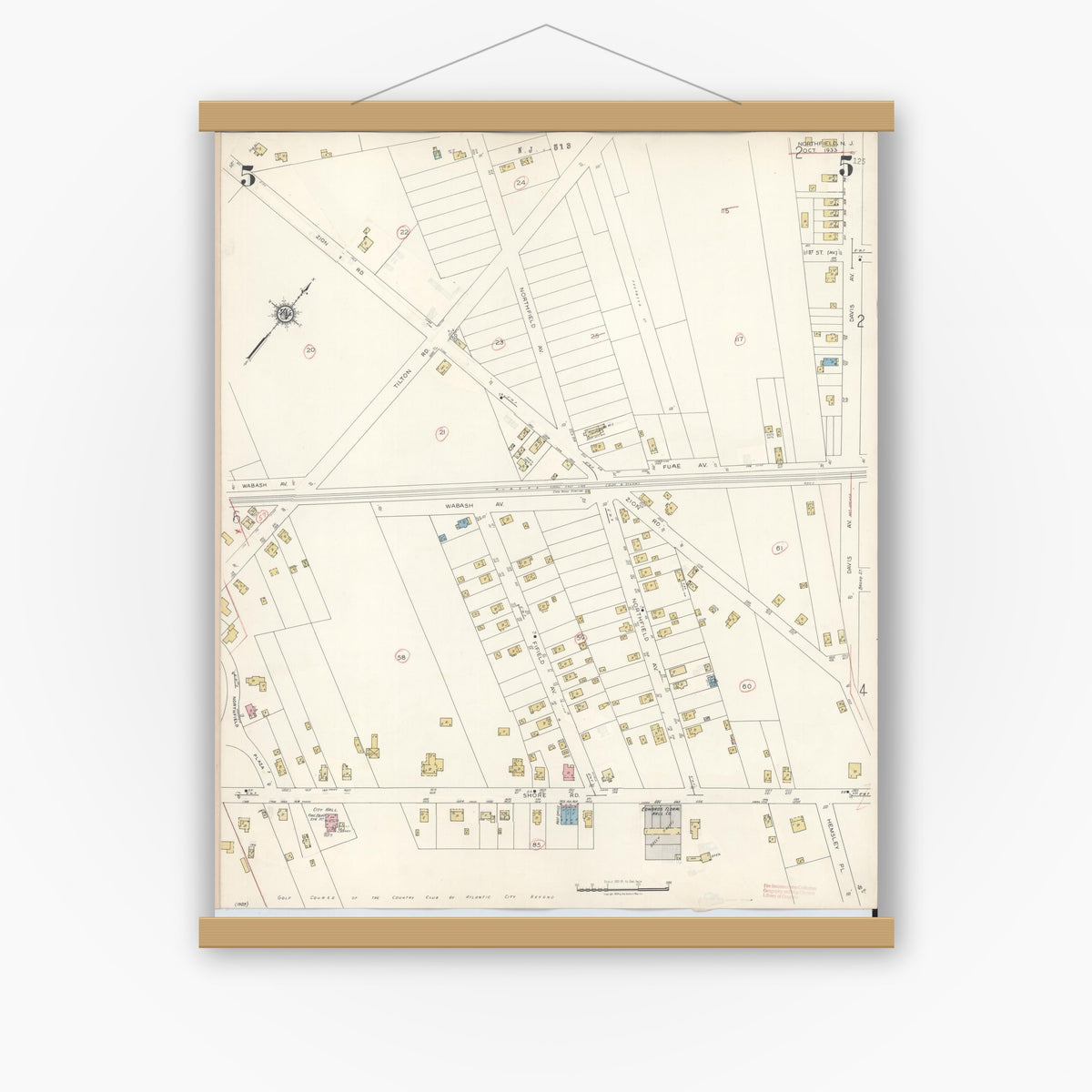 Old map wall art mockup — magnetic wood frame on white wall — Sanborn Fire Insurance Map from Northfield, Atlantic County, New Jersey (1942), Sheet #0005