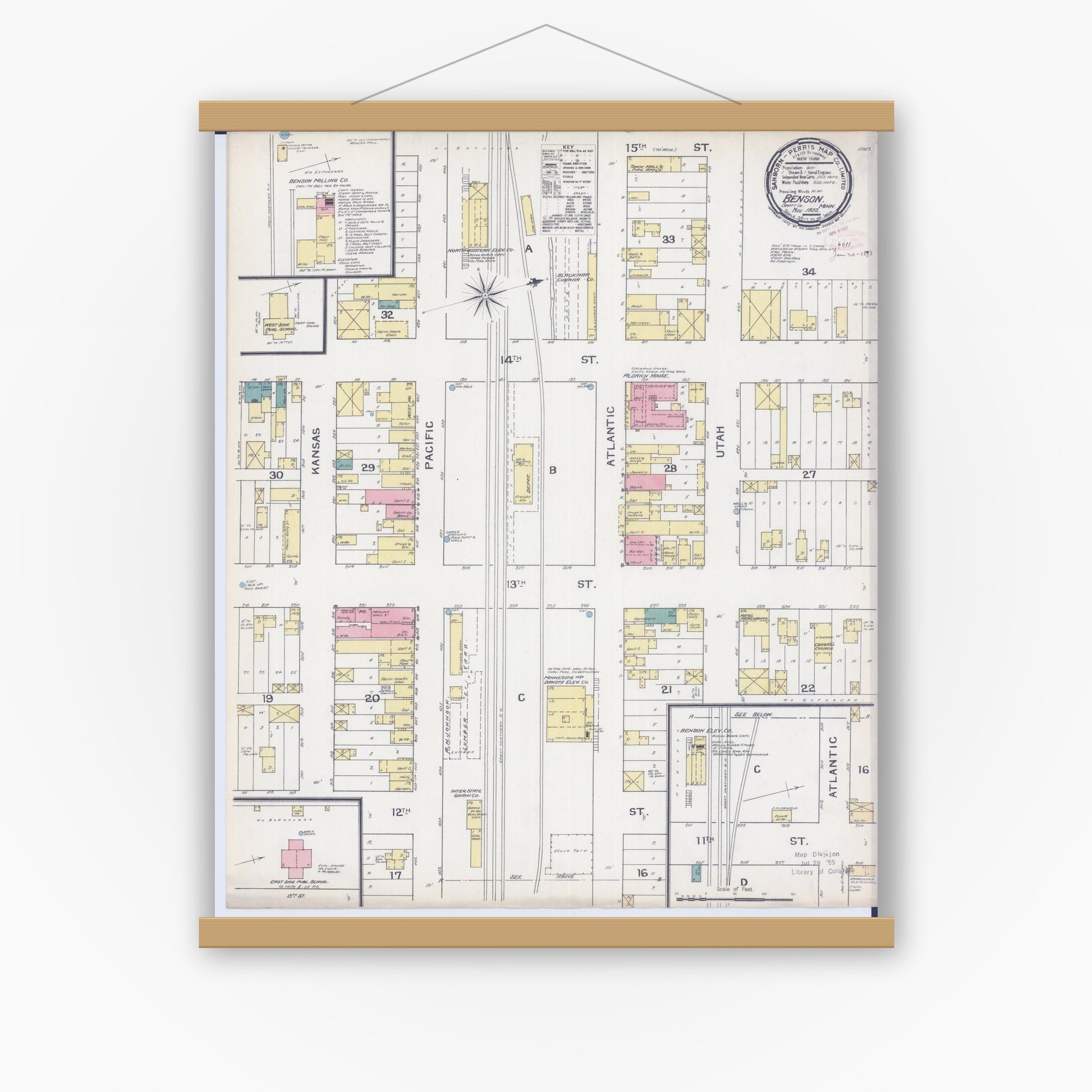 Old map wall art mockup — magnetic wood frame on white wall — Sanborn Fire Insurance Map from Benson, Swift County, Minnesota (1892), Sheet #0001