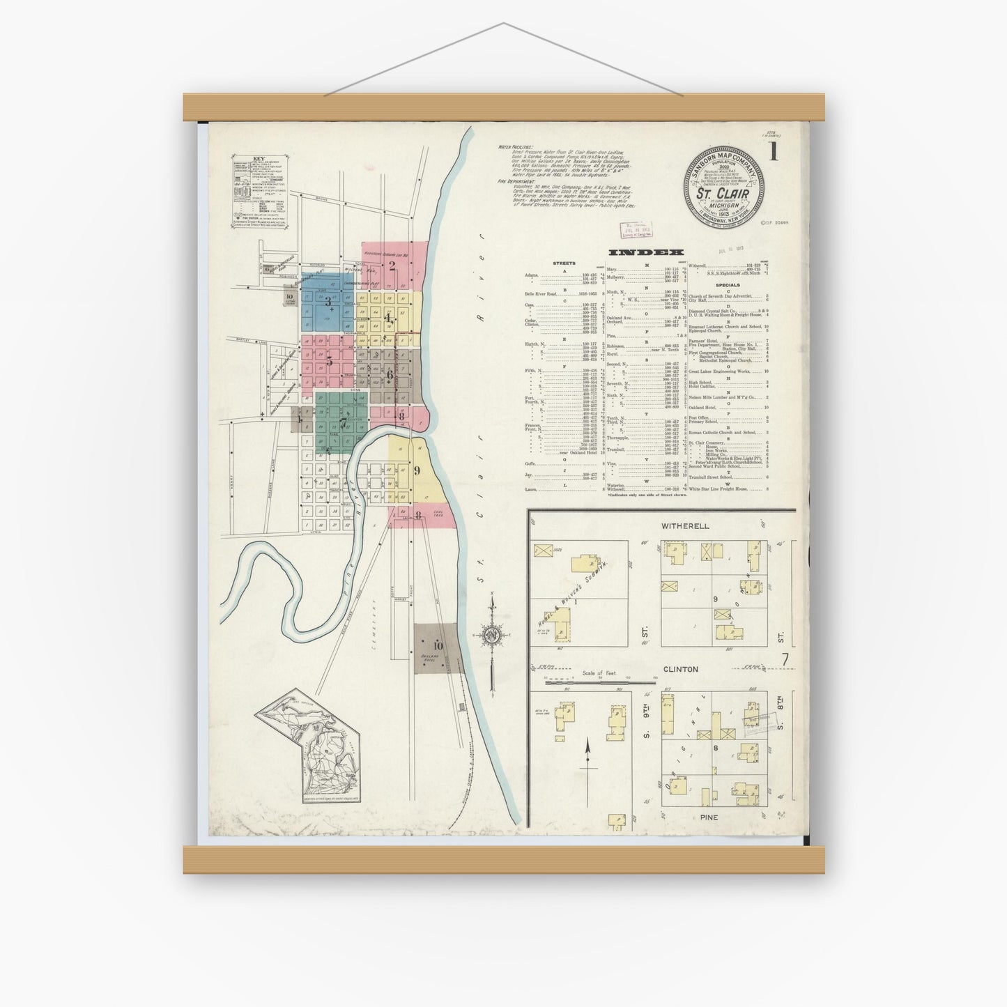 Old map wall art mockup — magnetic wood frame on white wall — Sanborn Fire Insurance Map from Saint Clair, Saint Clair County, Michigan (1913) - Complete Map Set