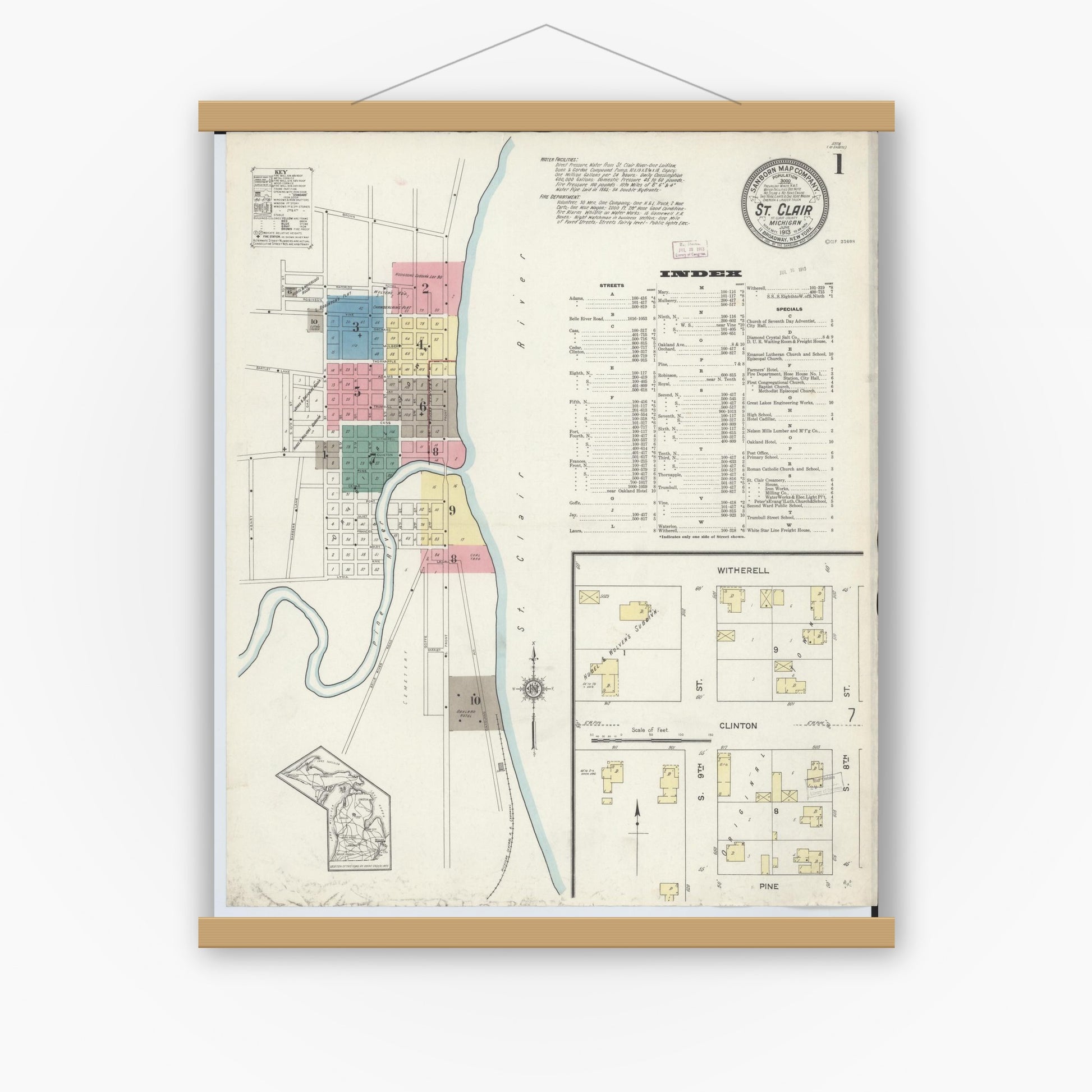 Old map wall art mockup — magnetic wood frame on white wall — Sanborn Fire Insurance Map from Saint Clair, Saint Clair County, Michigan (1913) - Complete Map Set