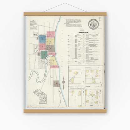 Old map wall art mockup — magnetic wood frame on white wall — Sanborn Fire Insurance Map from Saint Clair, Saint Clair County, Michigan (1913) - Complete Map Set