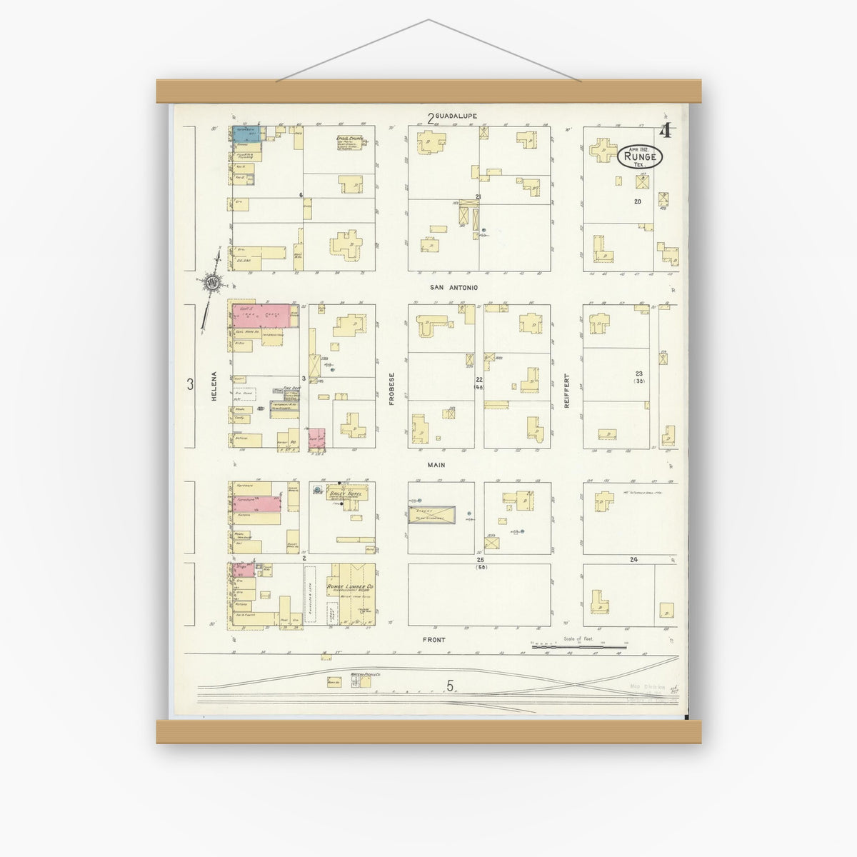 Old map wall art mockup — magnetic wood frame on white wall — Sanborn Fire Insurance Map from Runge, Karnes County, Texas (1912), Sheet #0004