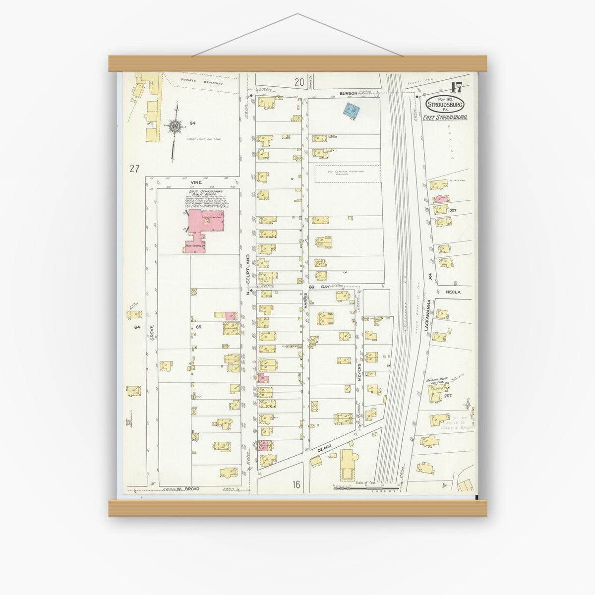 Old map wall art mockup — magnetic wood frame on white wall — Sanborn Fire Insurance Map from Stroudsburg, Monroe County, Pennsylvania (1912), Sheet #0017