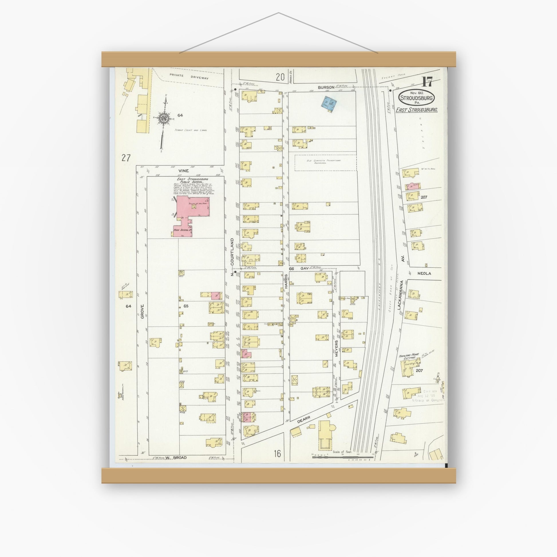Old map wall art mockup — magnetic wood frame on white wall — Sanborn Fire Insurance Map from Stroudsburg, Monroe County, Pennsylvania (1912), Sheet #0017