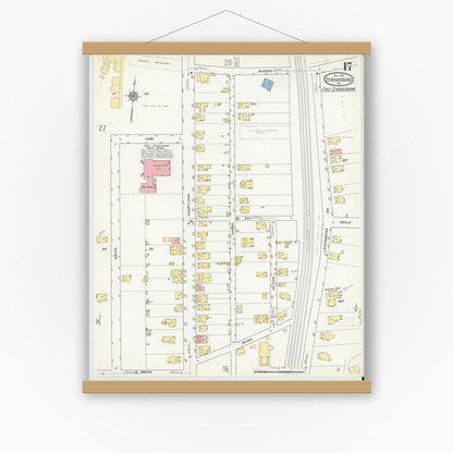 Old map wall art mockup — magnetic wood frame on white wall — Sanborn Fire Insurance Map from Stroudsburg, Monroe County, Pennsylvania (1912), Sheet #0017
