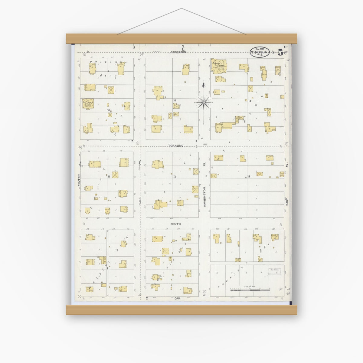 Old map wall art mockup — magnetic wood frame on white wall — Sanborn Fire Insurance Map from Viroqua, Vernon County, Wisconsin (1905), Sheet #0005