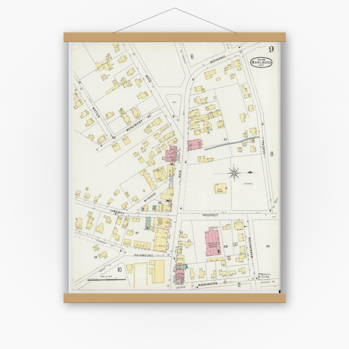 Old map wall art mockup — magnetic wood frame on white wall — Sanborn Fire Insurance Map from Marlborough, Middlesex County, Massachusetts (1896), Sheet #0009
