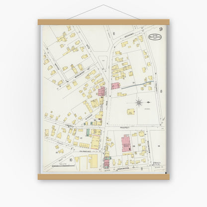 Old map wall art mockup — magnetic wood frame on white wall — Sanborn Fire Insurance Map from Marlborough, Middlesex County, Massachusetts (1896), Sheet #0009