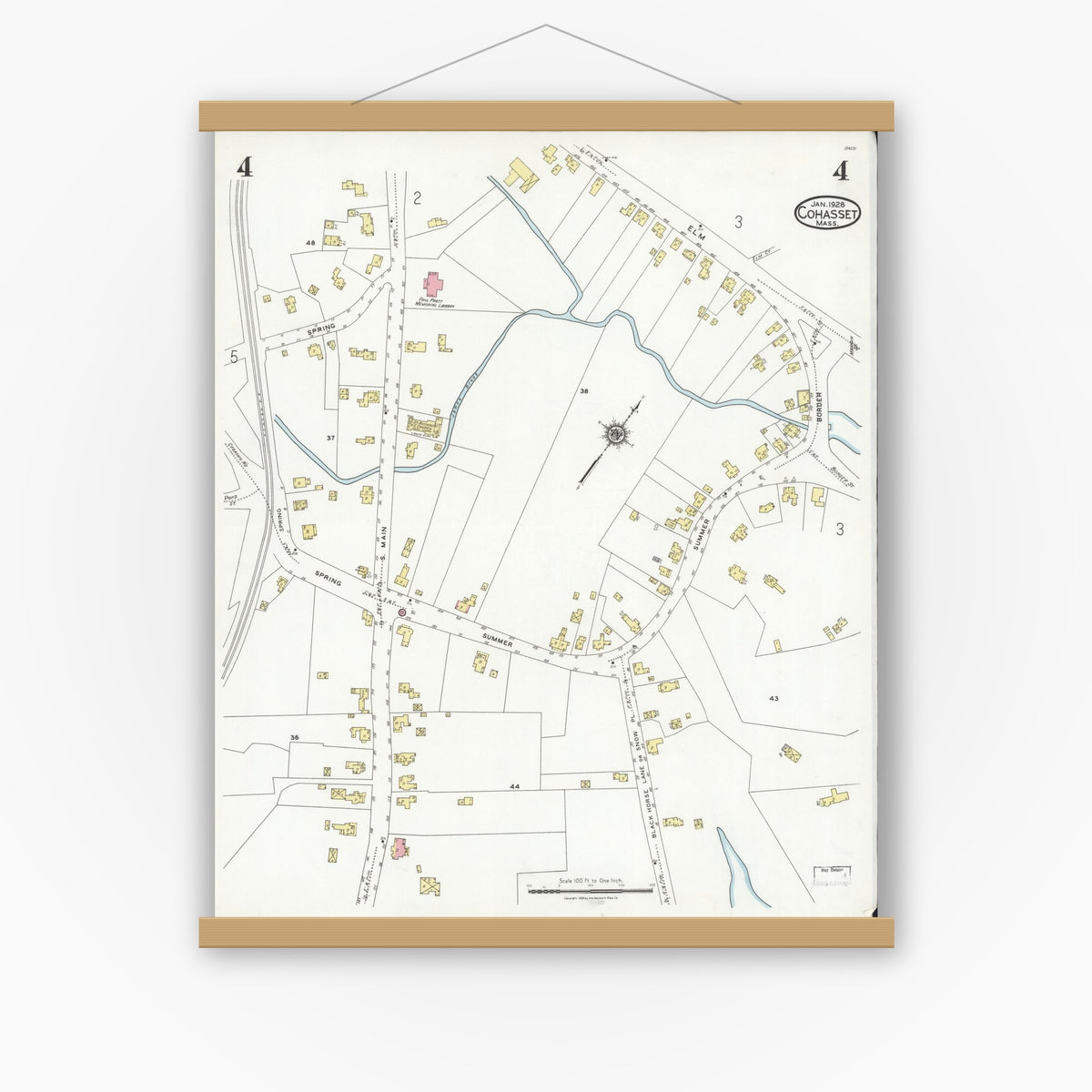 Old map wall art mockup — magnetic wood frame on white wall — Sanborn Fire Insurance Map from Cohasset, Norfolk County, Massachusetts (1928), Sheet #0004