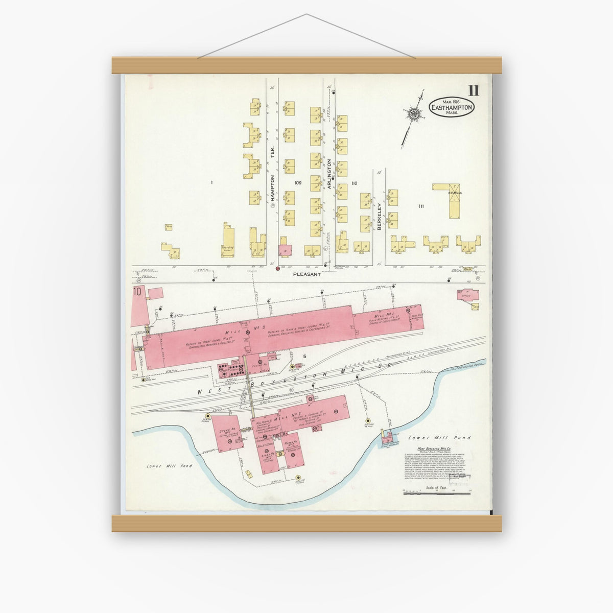 Old map wall art mockup — magnetic wood frame on white wall — Sanborn Fire Insurance Map from East Hampton, Hampshire County, Massachusetts (1916), Sheet #0011