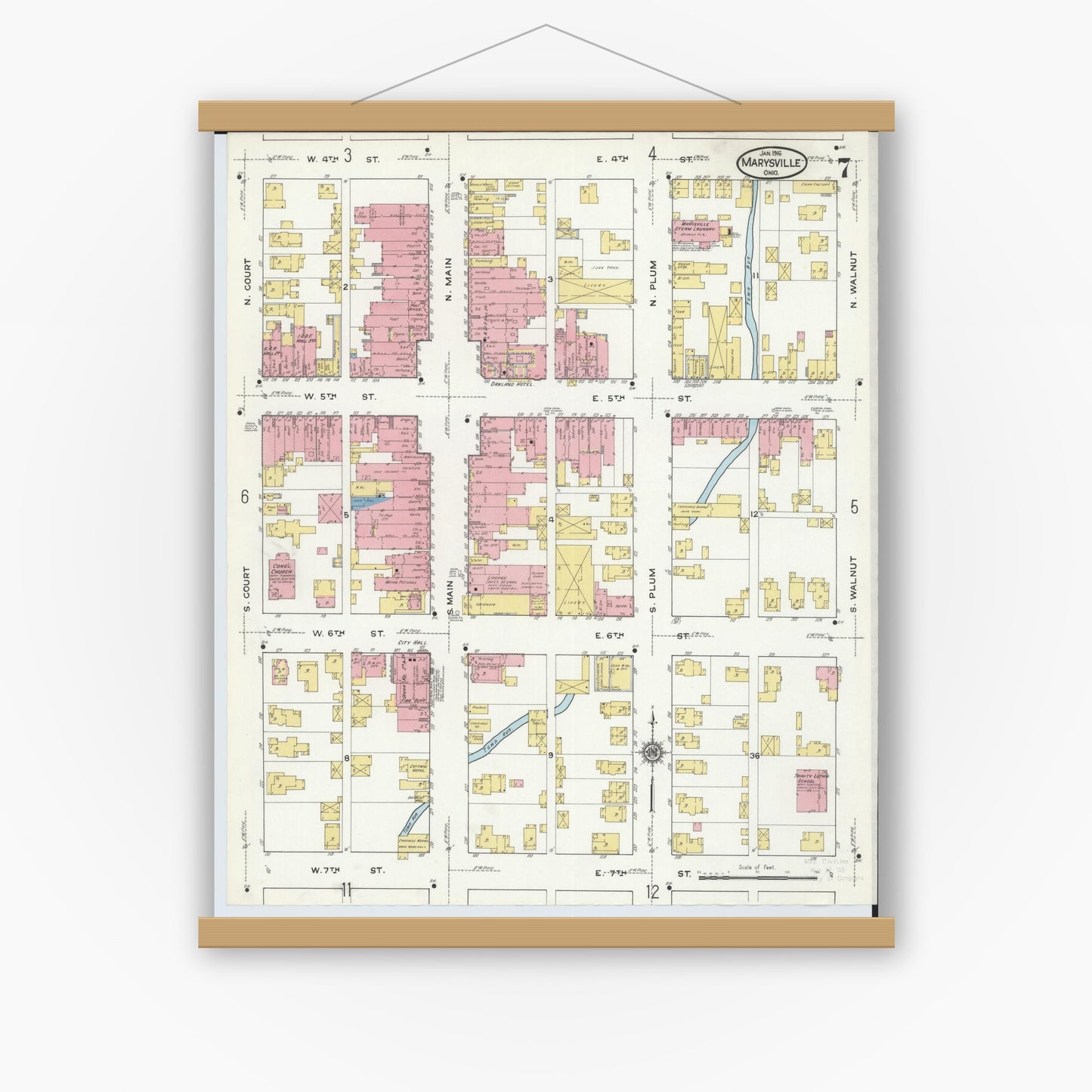 Old map wall art mockup — magnetic wood frame on white wall — Sanborn Fire Insurance Map from Marysville, Union County, Ohio (1916), Sheet #0007