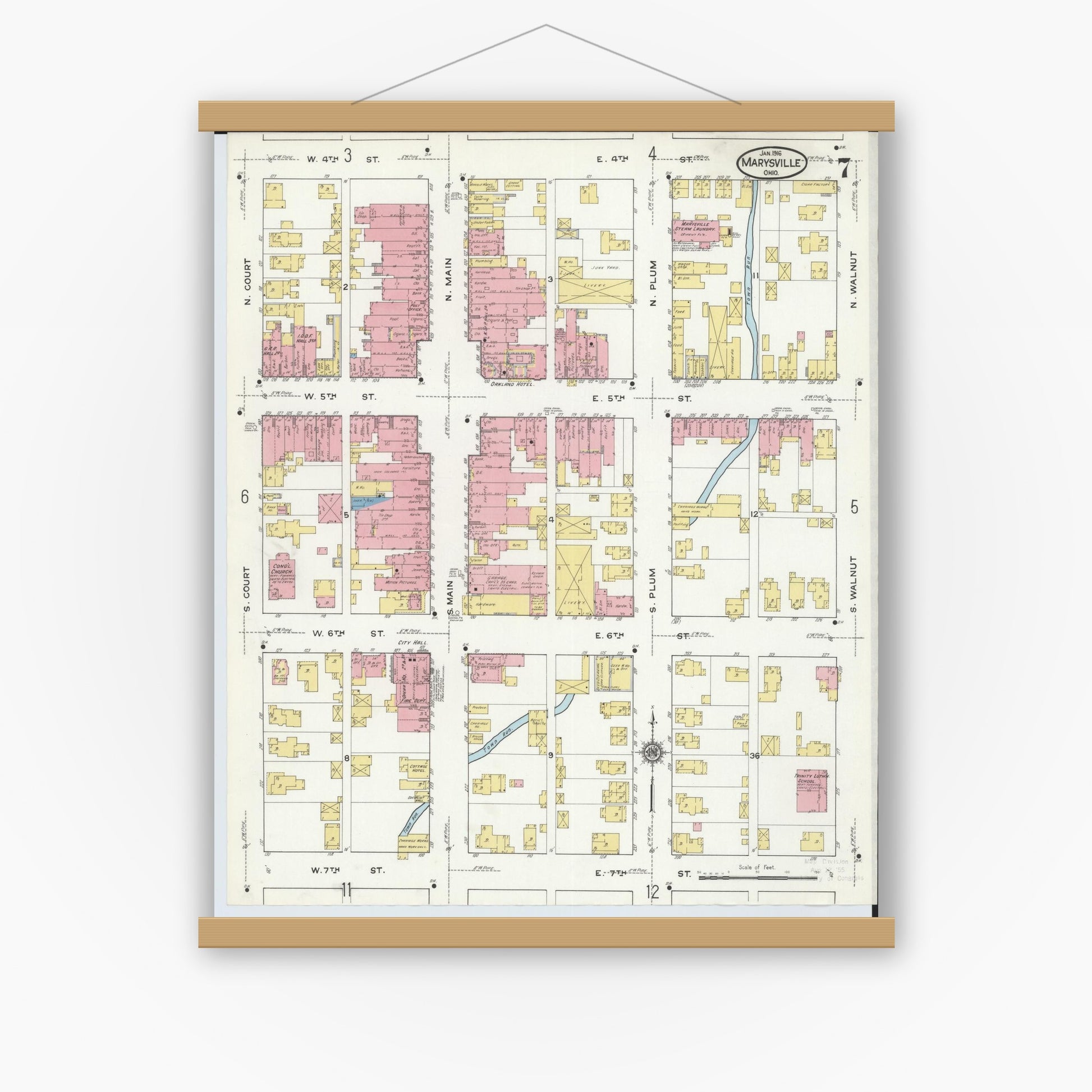 Old map wall art mockup — magnetic wood frame on white wall — Sanborn Fire Insurance Map from Marysville, Union County, Ohio (1916), Sheet #0007
