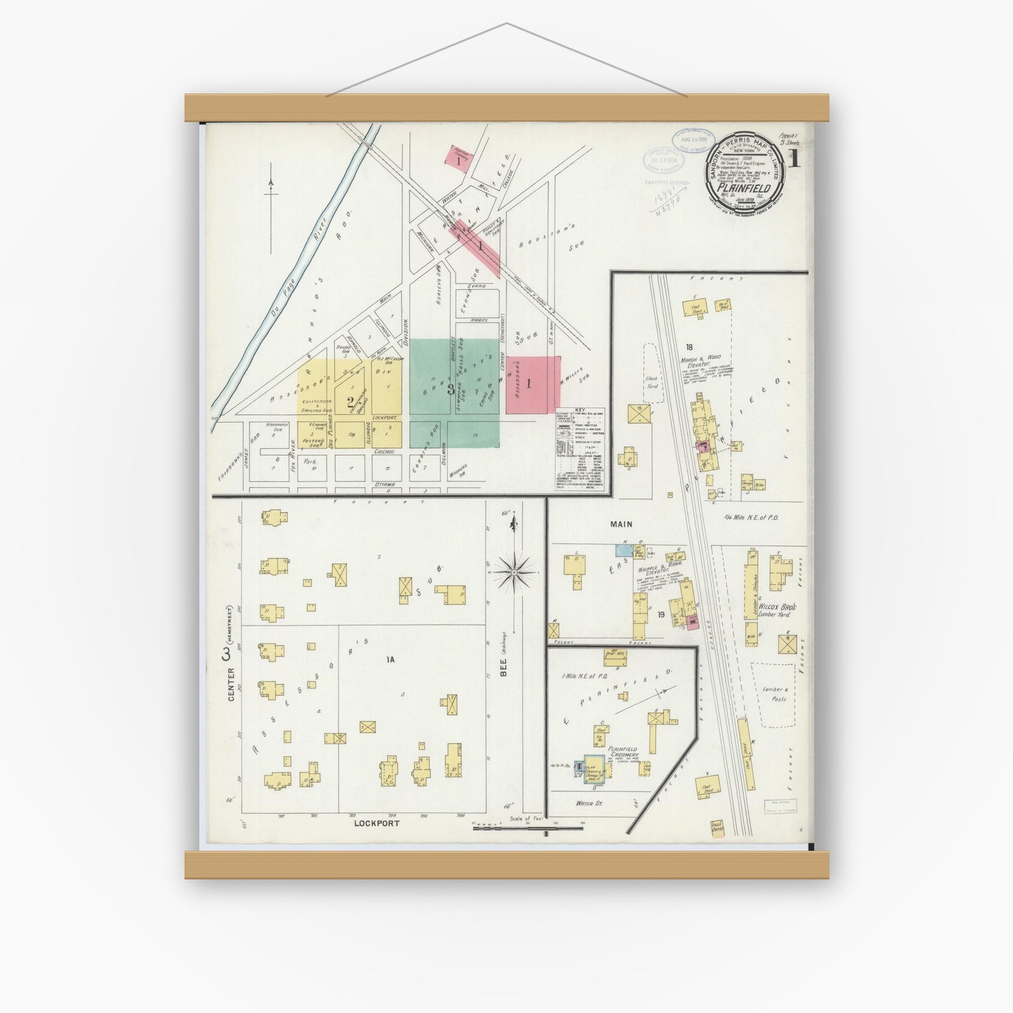 Old map wall art mockup — magnetic wood frame on white wall — Sanborn Fire Insurance Map from Plainfield, Will County, Illinois (1898), Sheet #0001