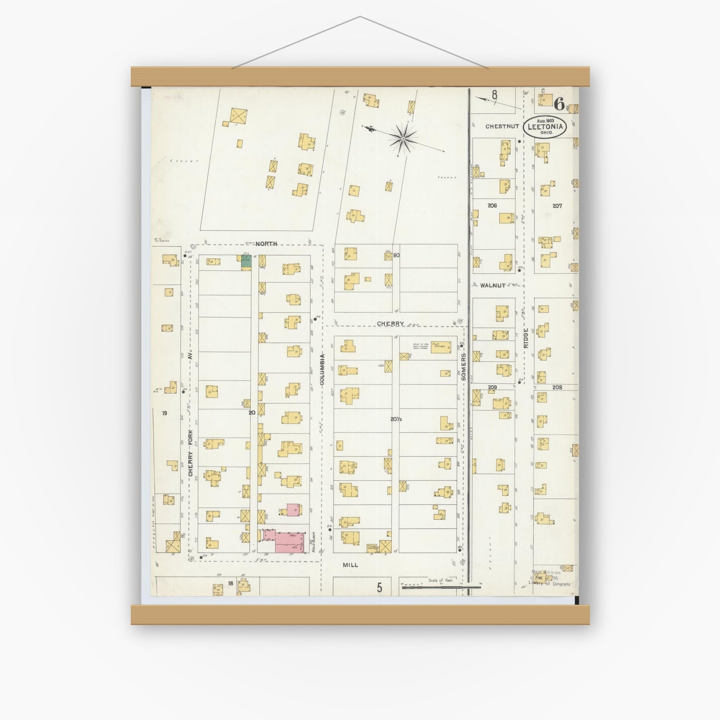 Old map wall art mockup — magnetic wood frame on white wall — Sanborn Fire Insurance Map from Leetonia, Columbiana County, Ohio (1903), Sheet #0006