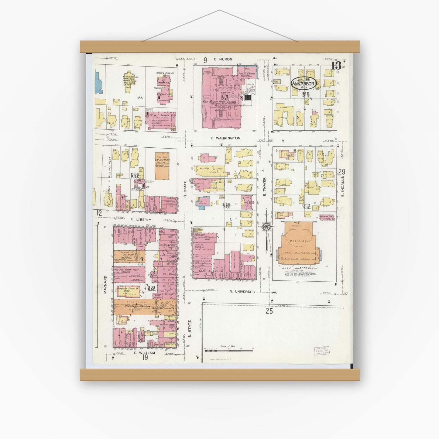 Old map wall art mockup — magnetic wood frame on white wall — Sanborn Fire Insurance Map from Ann Arbor, Washtenaw County, Michigan (1916), Sheet #0013