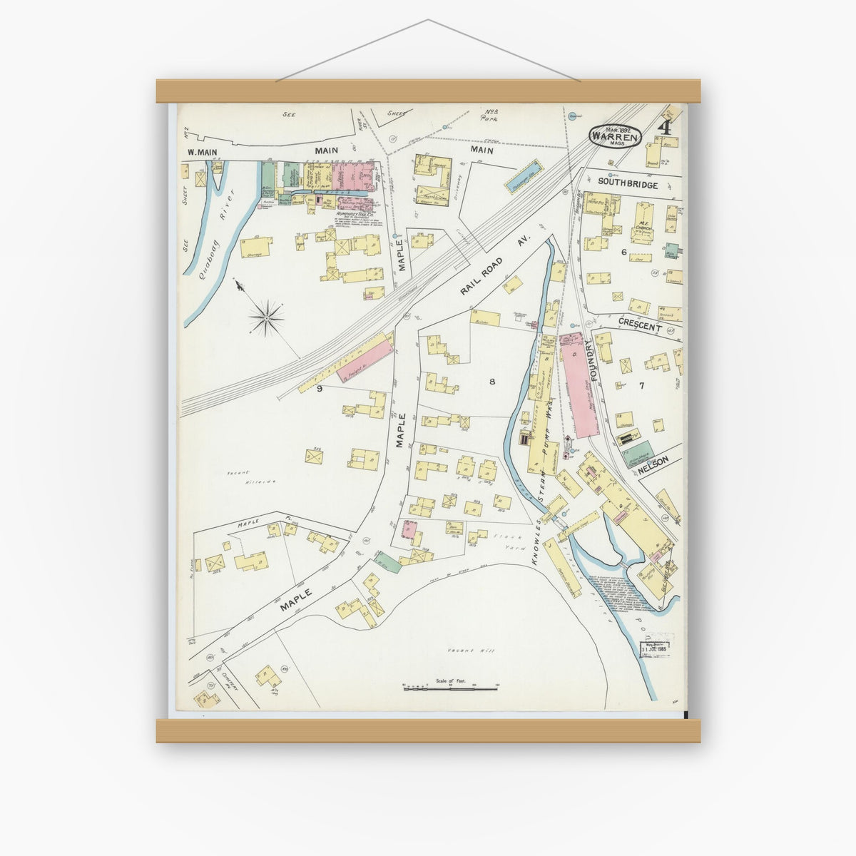 Old map wall art mockup — magnetic wood frame on white wall — Sanborn Fire Insurance Map from Warren, Worcester County, Massachusetts (1892), Sheet #0004