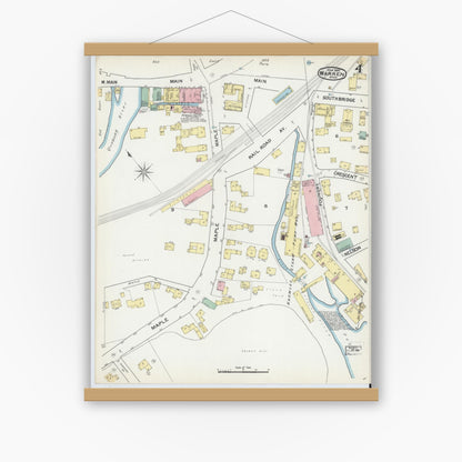 Old map wall art mockup — magnetic wood frame on white wall — Sanborn Fire Insurance Map from Warren, Worcester County, Massachusetts (1892), Sheet #0004