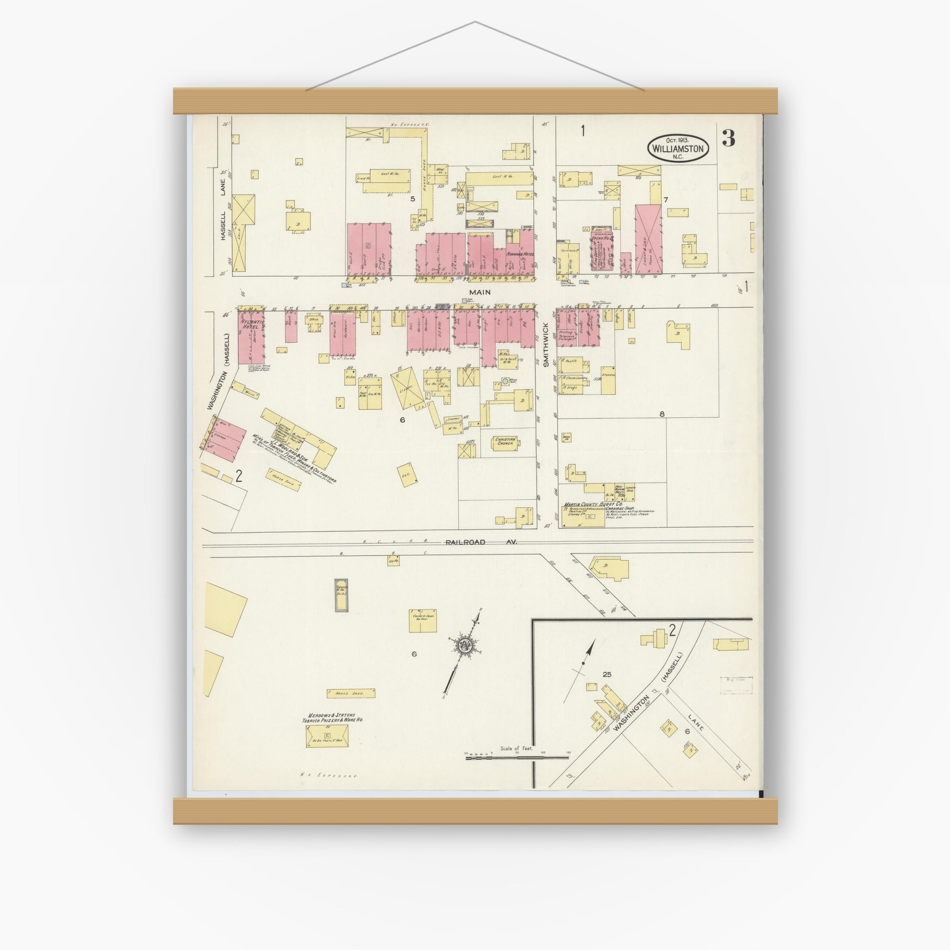 Old map wall art mockup — magnetic wood frame on white wall — Sanborn Fire Insurance Map from Williamston, Martin County, North Carolina (1913), Sheet #0003