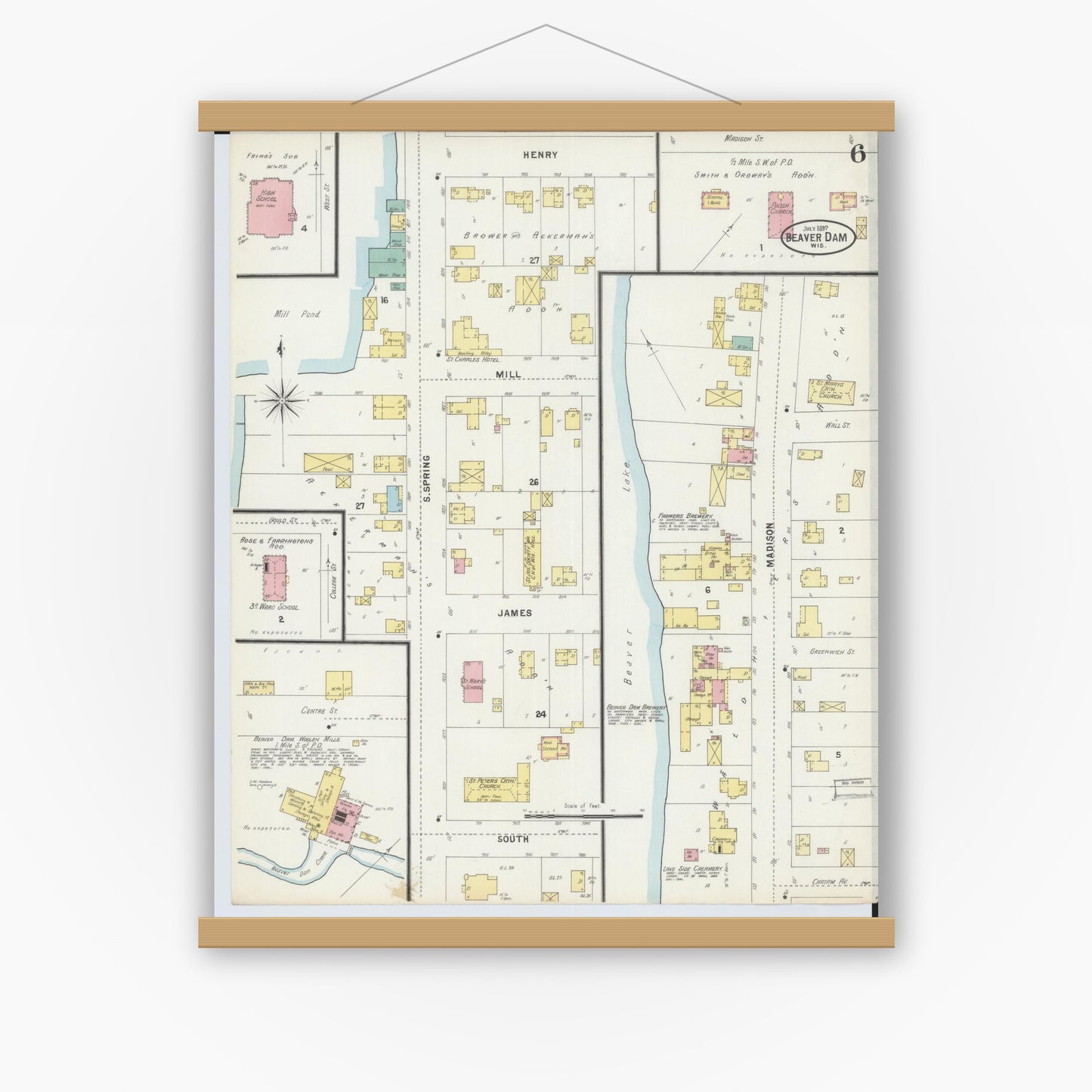 Old map wall art mockup — magnetic wood frame on white wall — Sanborn Fire Insurance Map from Beaver Dam, Dodge County, Wisconsin (1897), Sheet #0006