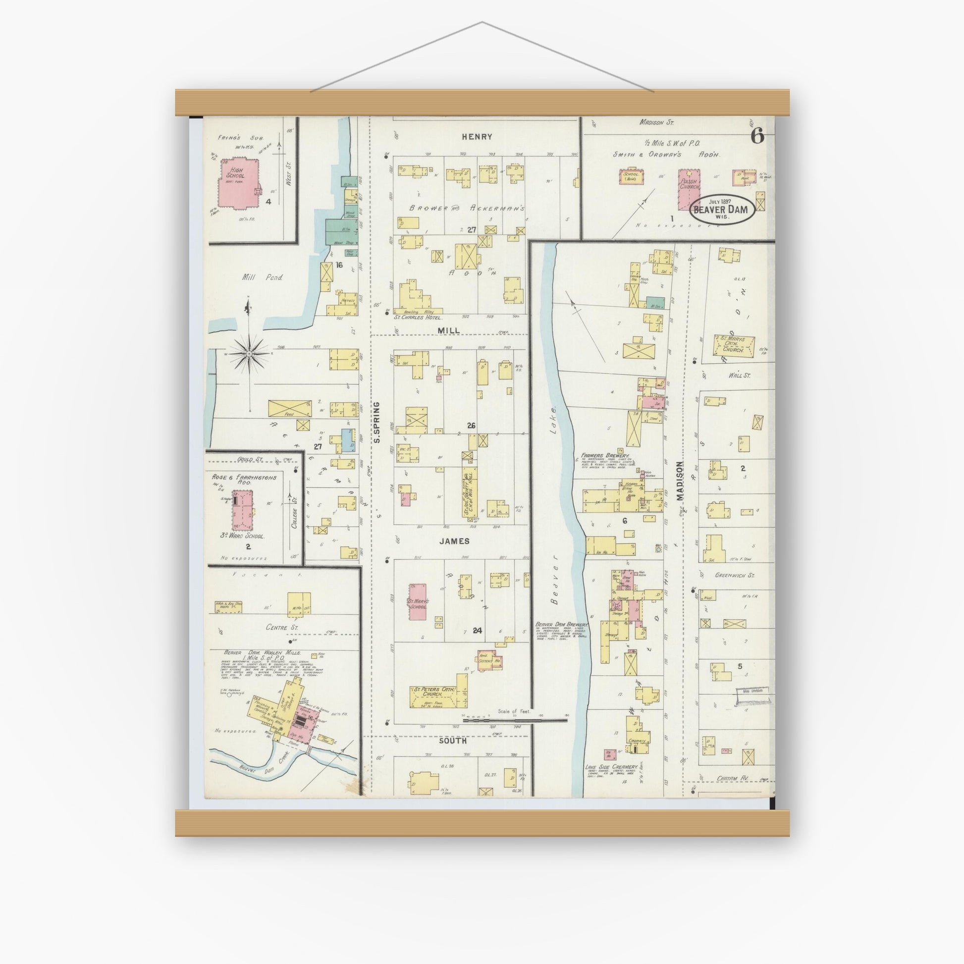 Old map wall art mockup — magnetic wood frame on white wall — Sanborn Fire Insurance Map from Beaver Dam, Dodge County, Wisconsin (1897), Sheet #0006