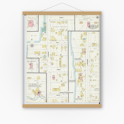 Old map wall art mockup — magnetic wood frame on white wall — Sanborn Fire Insurance Map from Beaver Dam, Dodge County, Wisconsin (1897), Sheet #0006