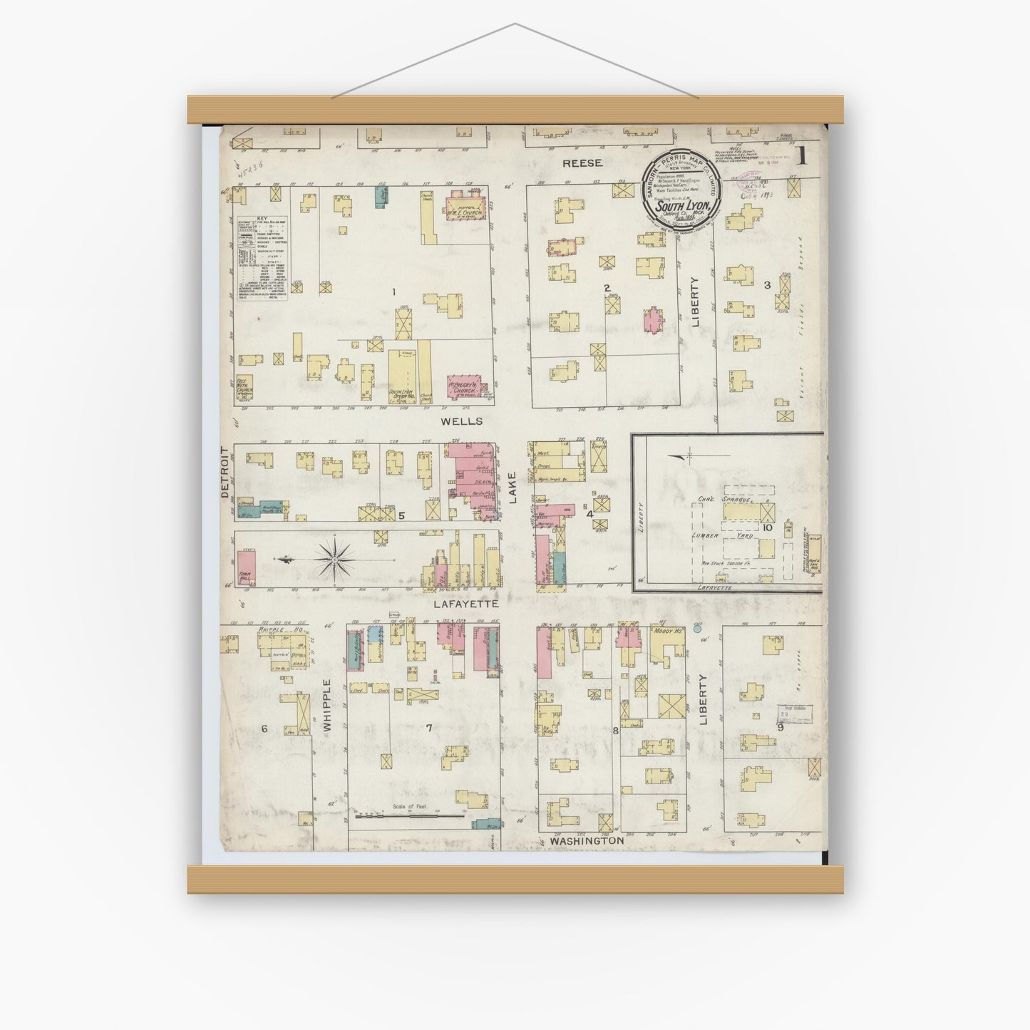 Old map wall art mockup — magnetic wood frame on white wall — Sanborn Fire Insurance Map from South Lyon, Oakland County, Michigan (1893) - Complete Map Set