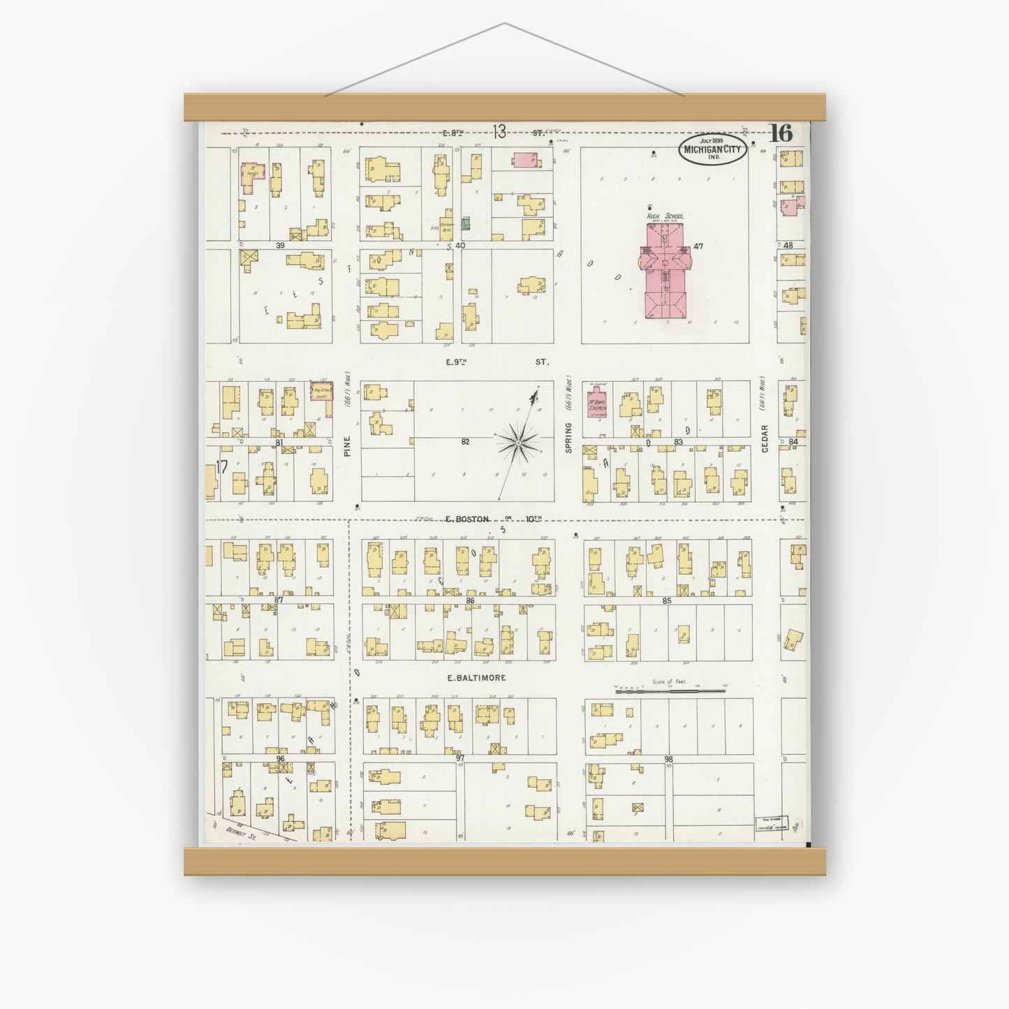 Old map wall art mockup — magnetic wood frame on white wall — Sanborn Fire Insurance Map from Michigan City, La Porte County, Indiana (1899), Sheet #0016