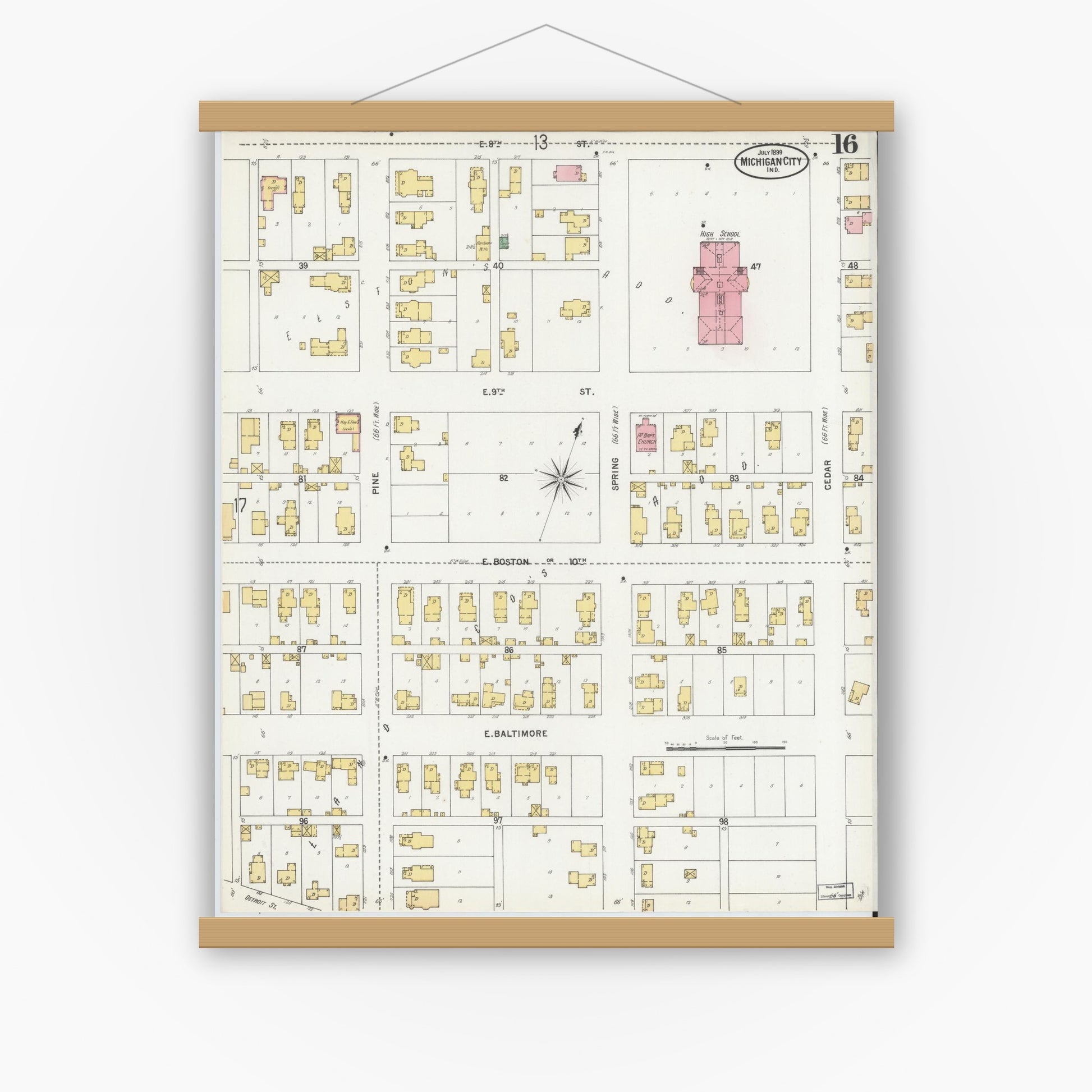 Old map wall art mockup — magnetic wood frame on white wall — Sanborn Fire Insurance Map from Michigan City, La Porte County, Indiana (1899), Sheet #0016