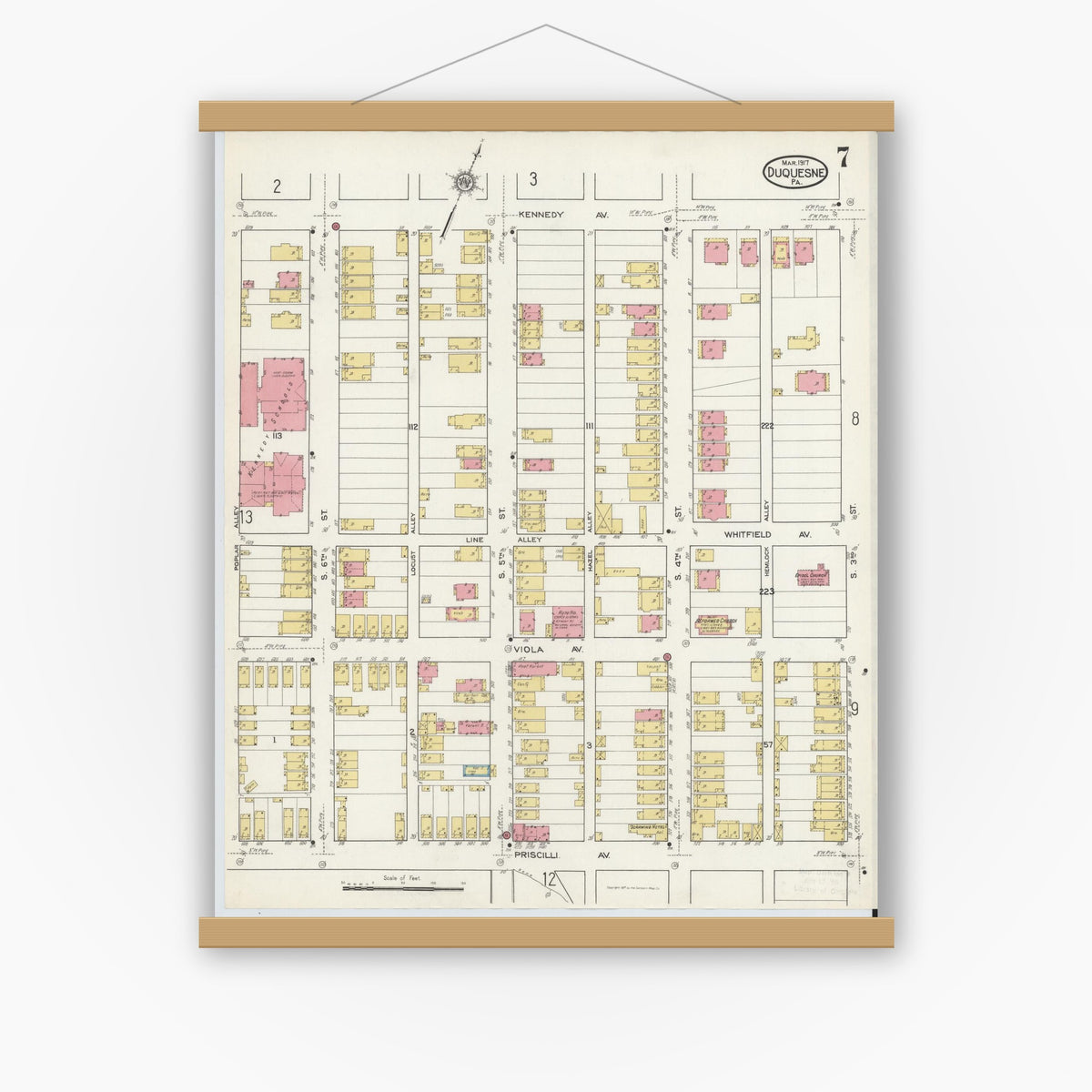 Old map wall art mockup — magnetic wood frame on white wall — Sanborn Fire Insurance Map from Duquesne, Allegheny County, Pennsylvania (1917), Sheet #0007