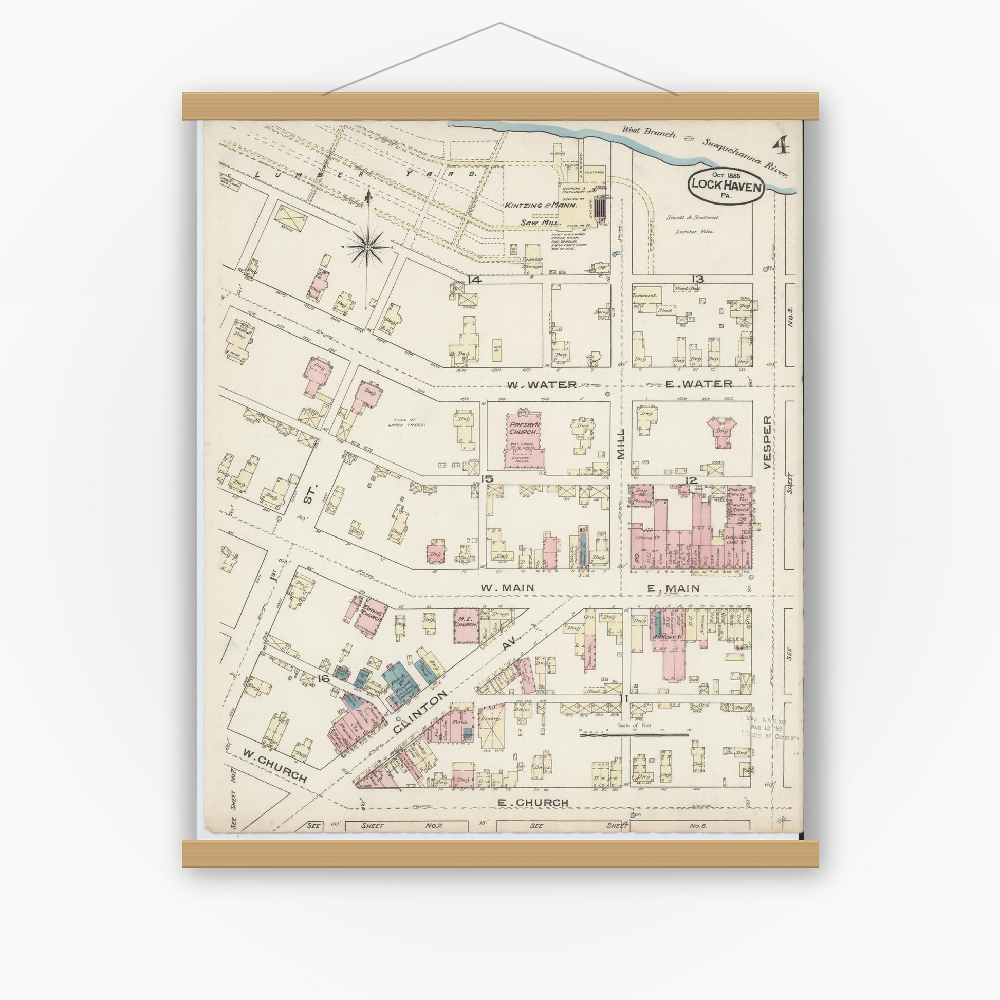 Old map wall art mockup — magnetic wood frame on white wall — Sanborn Fire Insurance Map from Lock Haven, Clinton County, Pennsylvania (1885), Sheet #0004