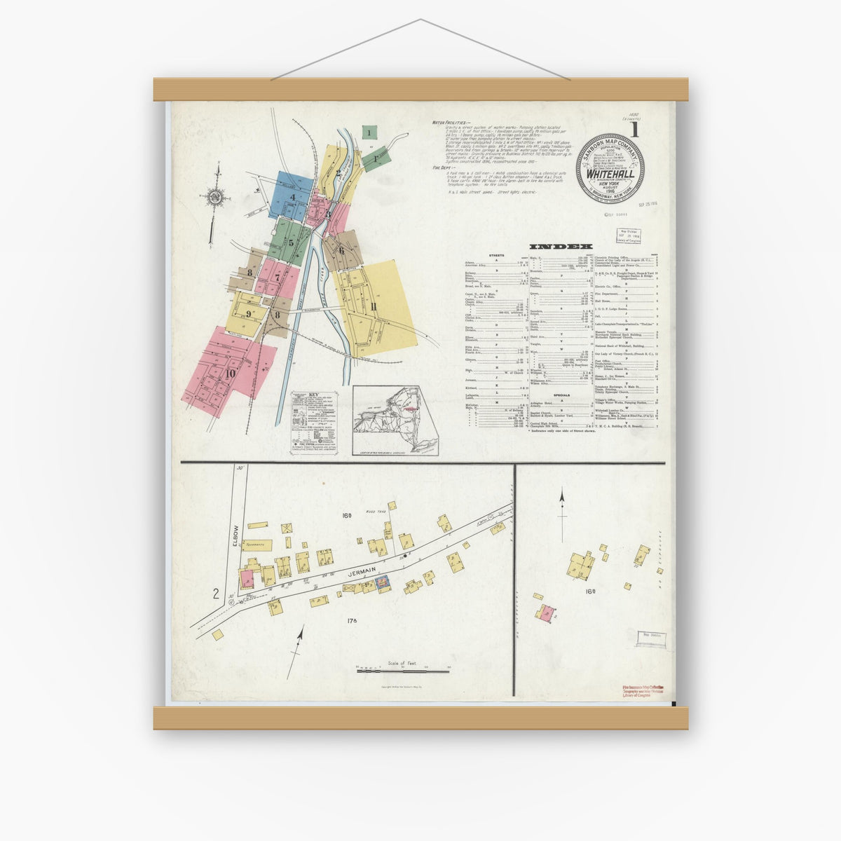 Old map wall art mockup — magnetic wood frame on white wall — Sanborn Fire Insurance Map from Whitehall, Washington County, New York (1916), Sheet #0001