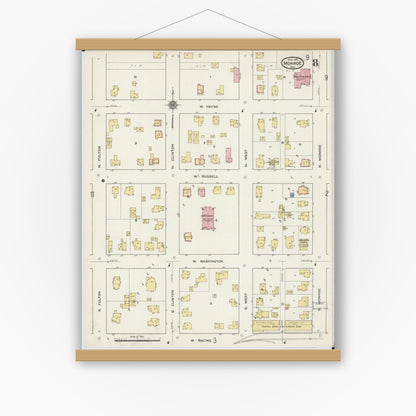 Old map wall art mockup — magnetic wood frame on white wall — Sanborn Fire Insurance Map from Monroe, Green County, Wisconsin (1915), Sheet #0008