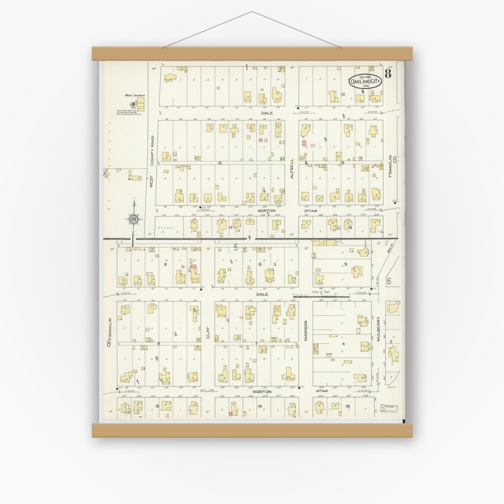 Old map wall art mockup — magnetic wood frame on white wall — Sanborn Fire Insurance Map from Oakland City, Gibson County, Indiana (1913), Sheet #0008