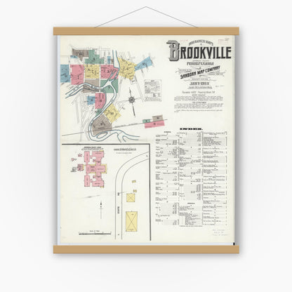 Old map wall art mockup — magnetic wood frame on white wall — Sanborn Fire Insurance Map from Brookville, Jefferson County, Pennsylvania (1910) - Complete Map Set