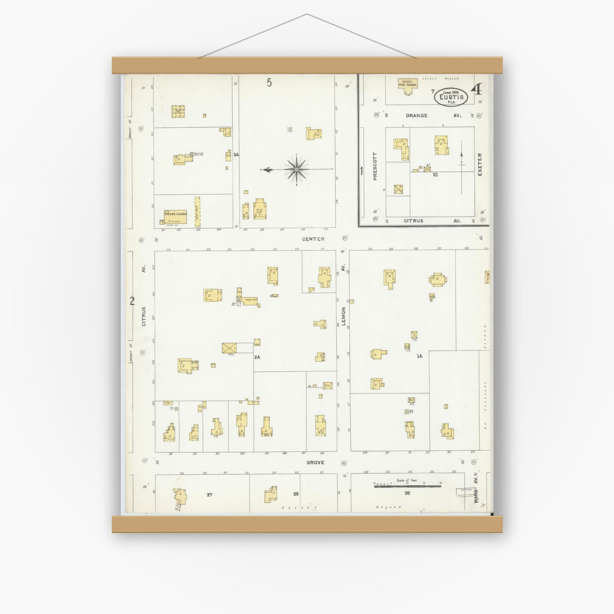 Old map wall art mockup — magnetic wood frame on white wall — Sanborn Fire Insurance Map from Eustis, Lake County, Florida (1906), Sheet #0004