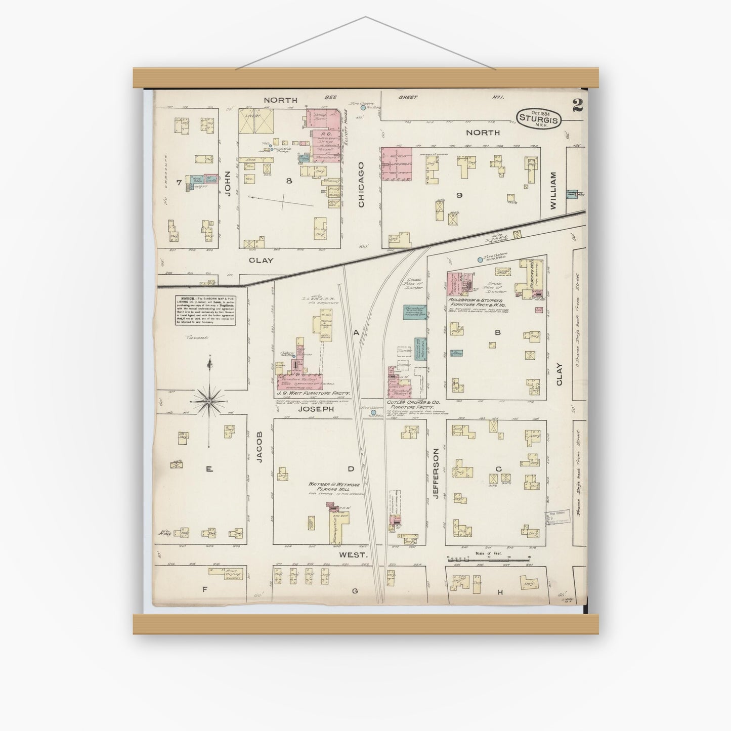 Old map wall art mockup — magnetic wood frame on white wall — Sanborn Fire Insurance Map from Sturgis, Saint Joseph County, Michigan (1884), Sheet #0002
