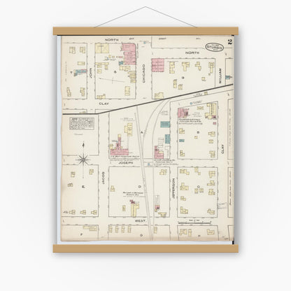 Old map wall art mockup — magnetic wood frame on white wall — Sanborn Fire Insurance Map from Sturgis, Saint Joseph County, Michigan (1884), Sheet #0002