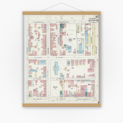 Old map wall art mockup — magnetic wood frame on white wall — Sanborn Fire Insurance Map from Norristown, Montgomery County, Pennsylvania (1891), Sheet #0008