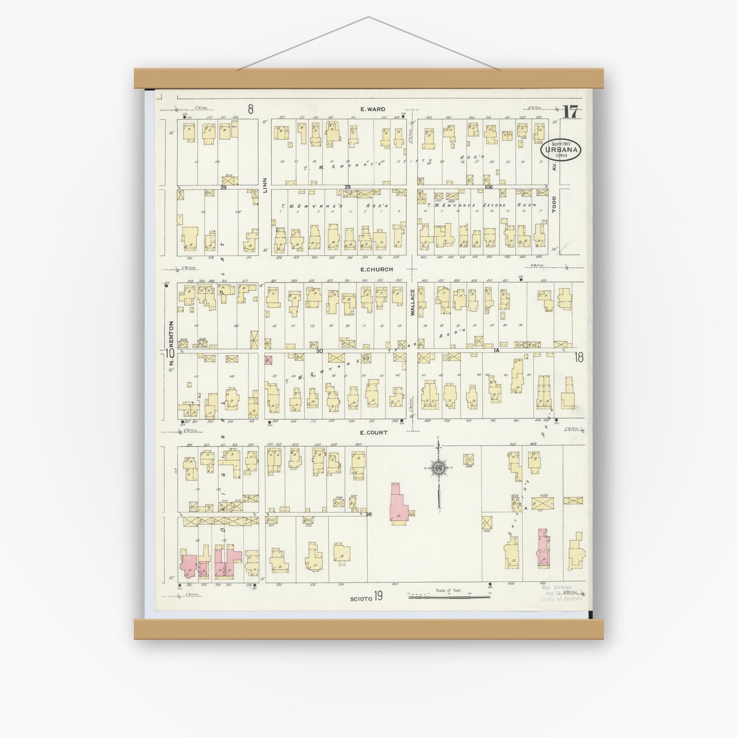 Old map wall art mockup — magnetic wood frame on white wall — Sanborn Fire Insurance Map from Urbana, Champaign County, Ohio (1910), Sheet #0017