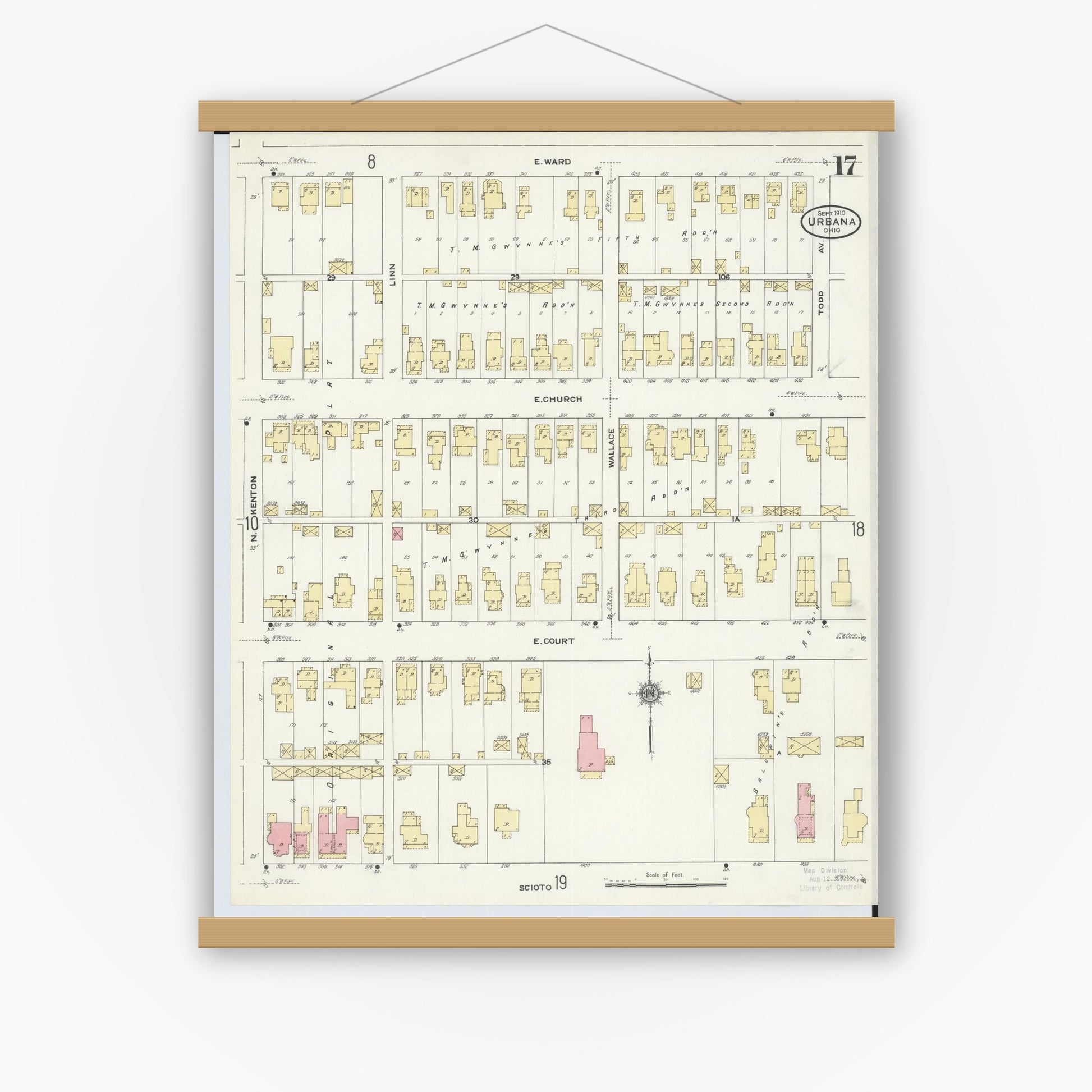 Old map wall art mockup — magnetic wood frame on white wall — Sanborn Fire Insurance Map from Urbana, Champaign County, Ohio (1910), Sheet #0017