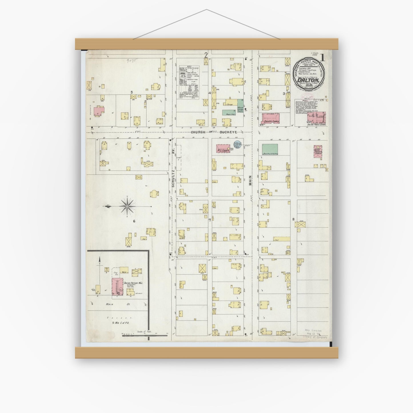 Old map wall art mockup — magnetic wood frame on white wall — Sanborn Fire Insurance Map from Dalton, Wayne County, Ohio (1896), Sheet #0001