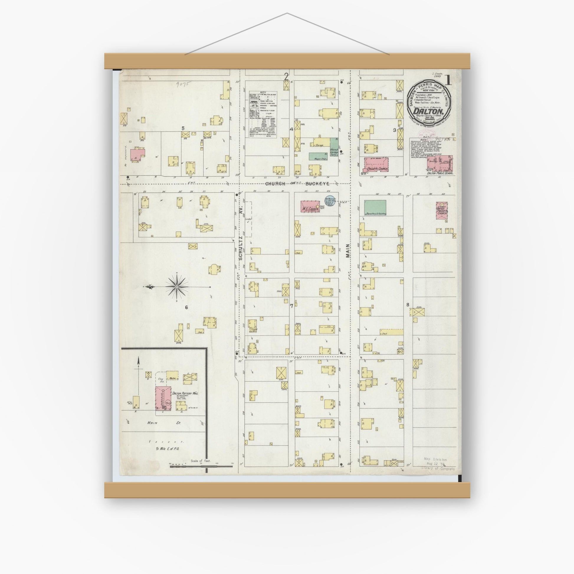 Old map wall art mockup — magnetic wood frame on white wall — Sanborn Fire Insurance Map from Dalton, Wayne County, Ohio (1896), Sheet #0001